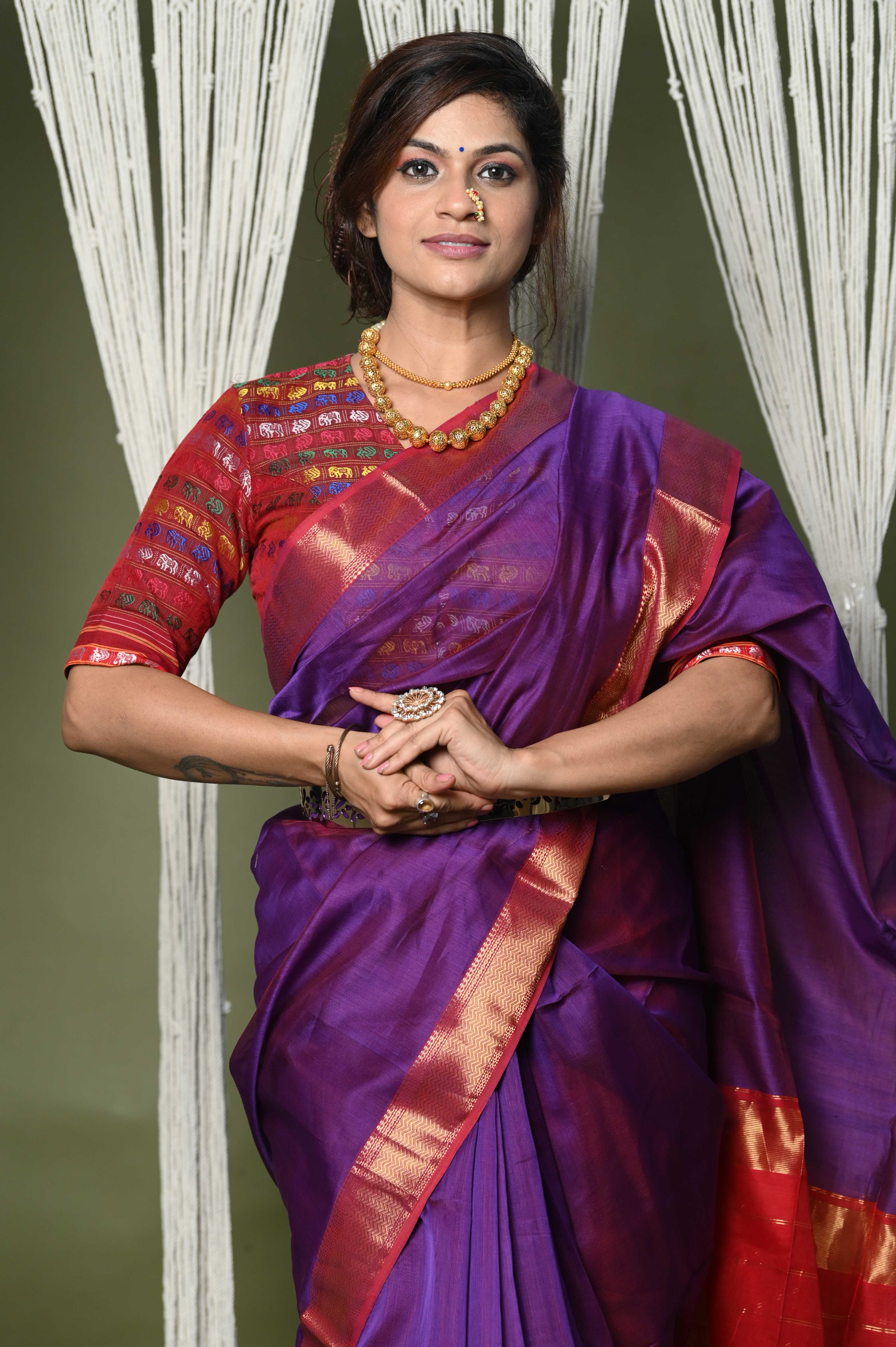 Purple Cotton Silk Saree With Golden Border