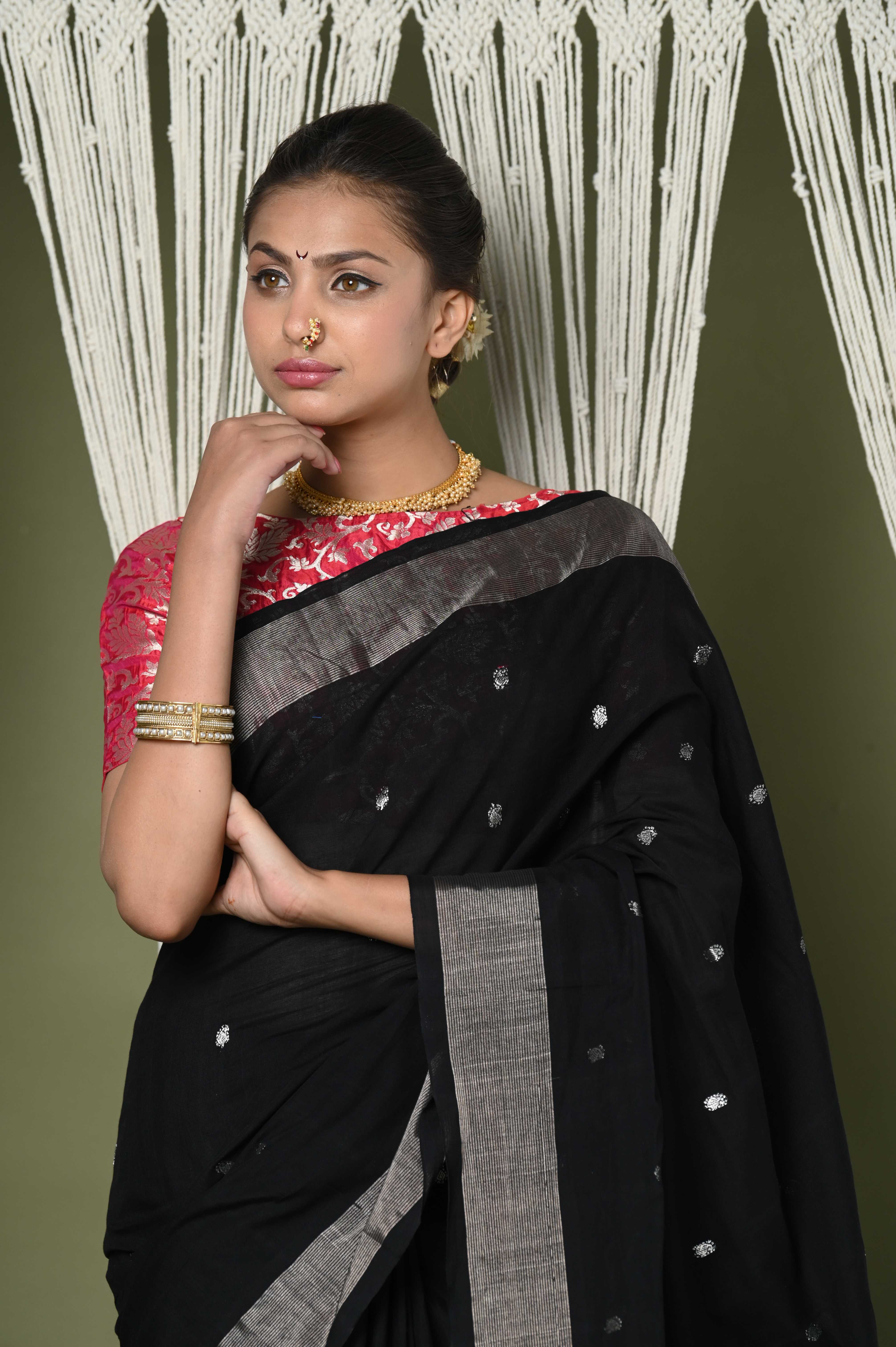 Black Pure Cotton Paithani Saree With Traditional Pallu