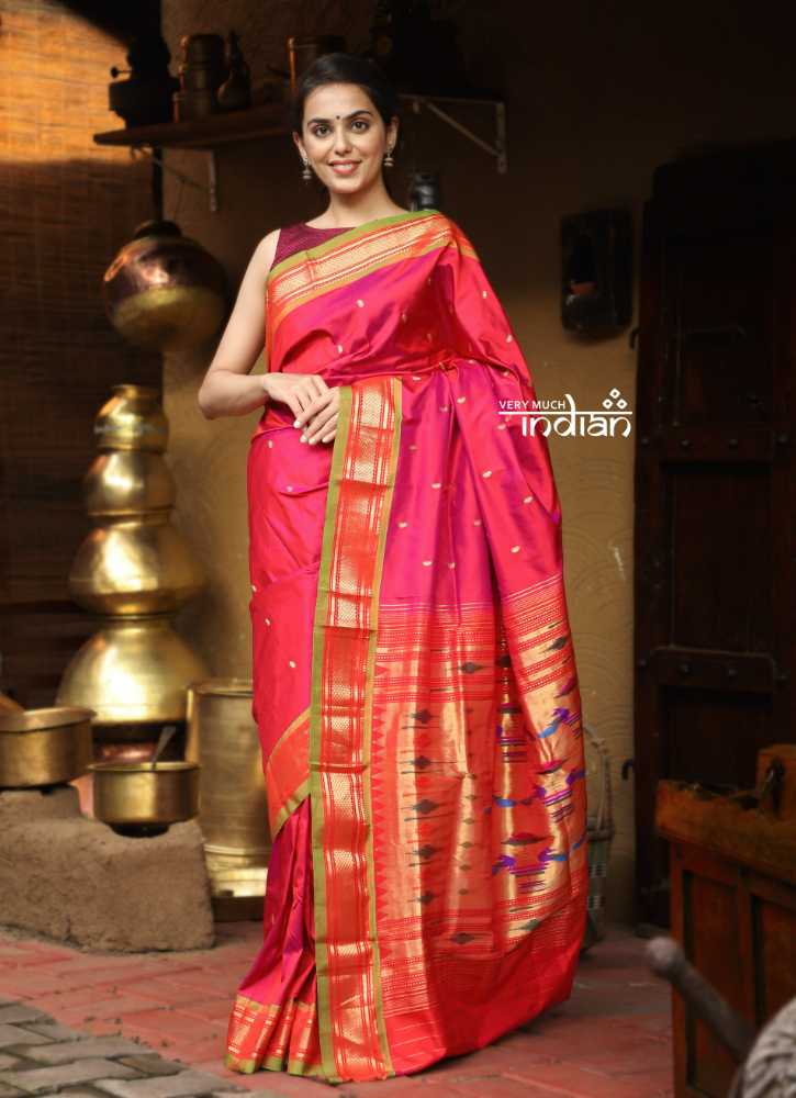 Peach Pink With Green Border Pure Silk Paithani Saree