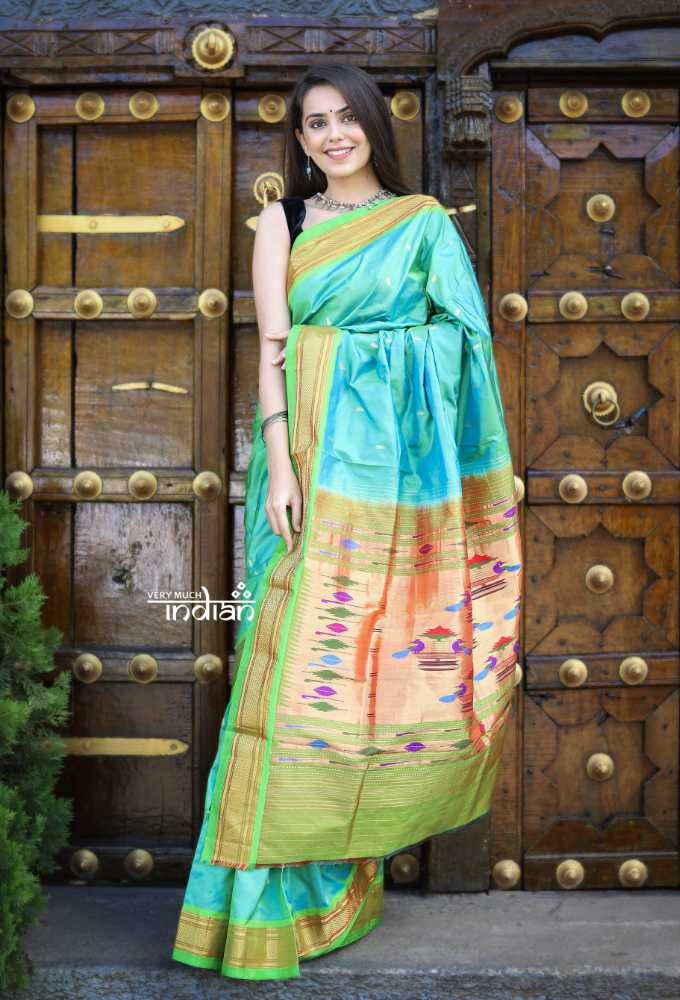 Blue Green Dual Tone Pure Silk Paithani Saree