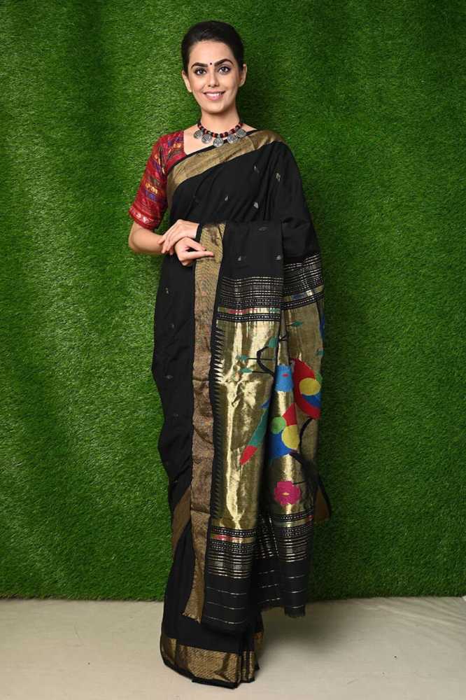 Black Pure Cotton Paithani Saree With Traditional Pallu