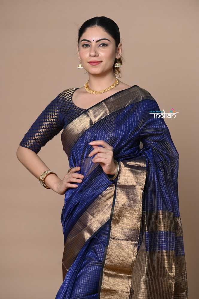 Dark Blue Ari Checks Cotton Silk Saree with Golden Border