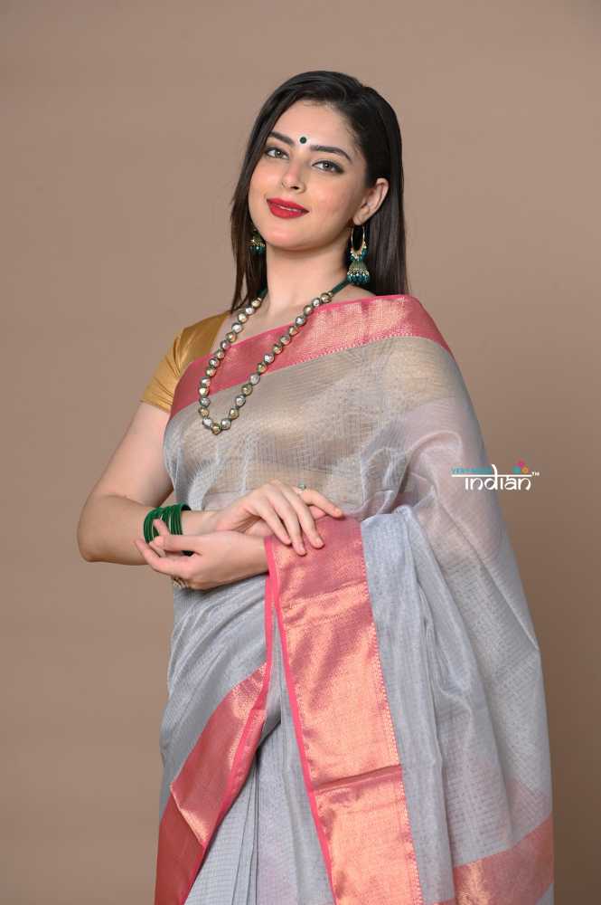 Grey Ari Checks Cotton Silk Saree With Golden Border