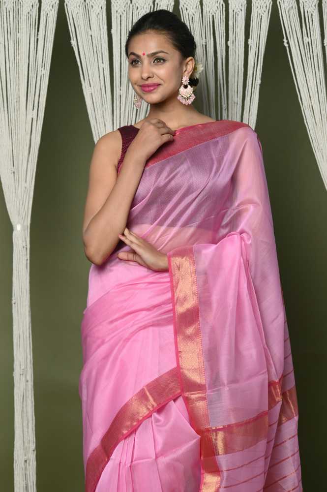 Pink Cotton Silk Saree With Golden Border