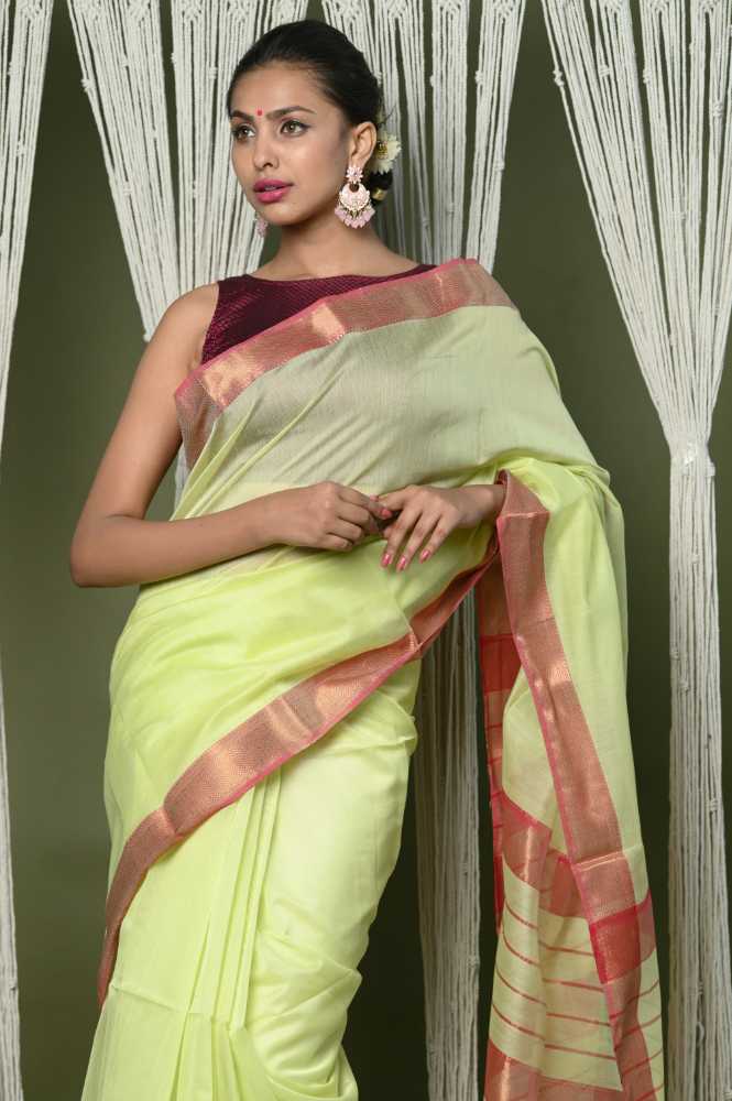 Light Yellow Cotton Silk Saree With Golden Border