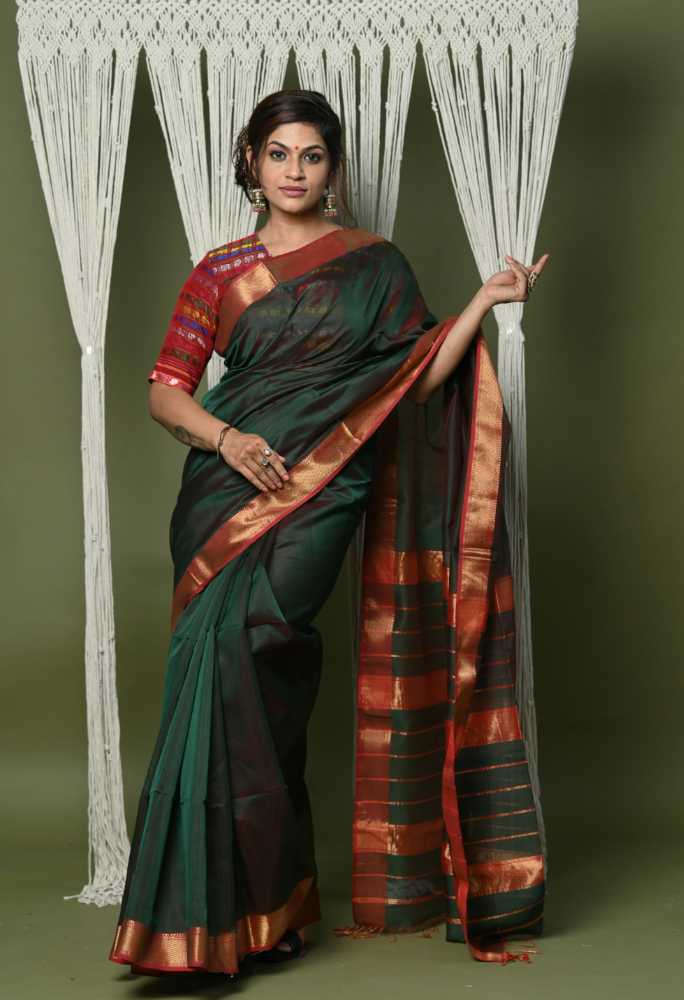 Dark Green Cotton Silk Saree, Golden Border