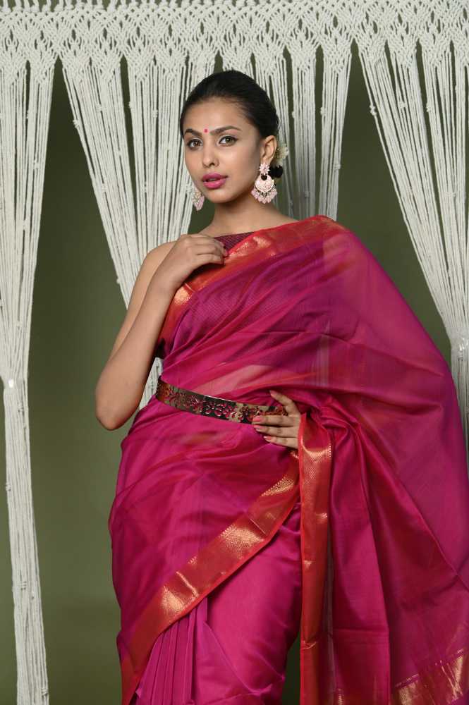 Rich Maroon Cotton Silk Saree With Golden Border