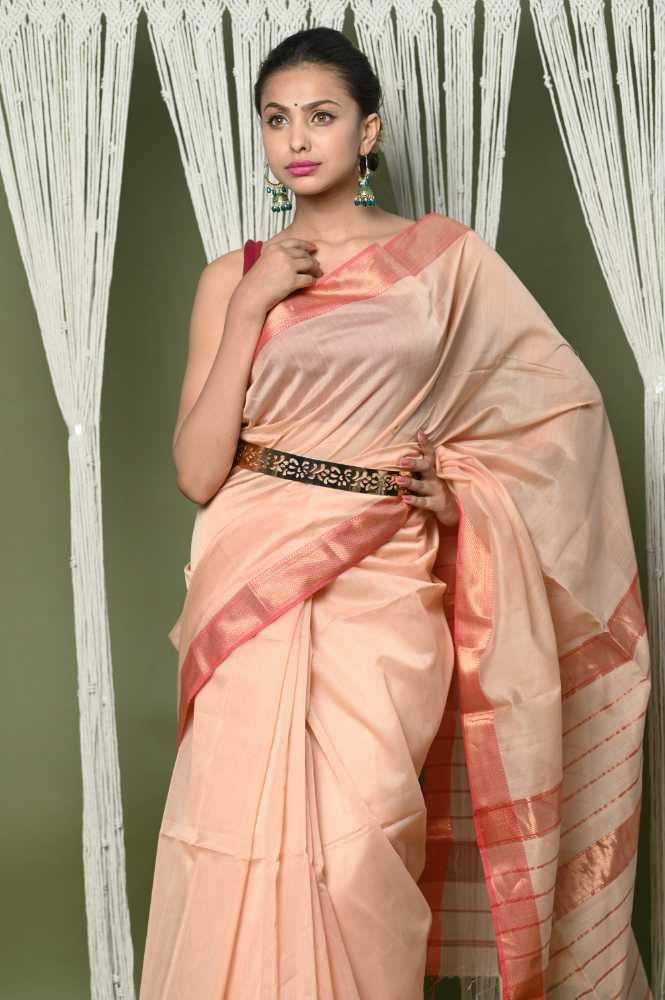 Peach Cotton Silk Saree With Golden Border