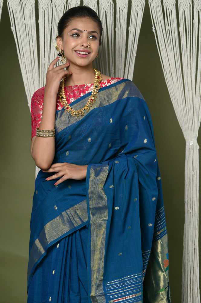 Dark Blue Pure Cotton Paithani Saree With Traditional Pallu