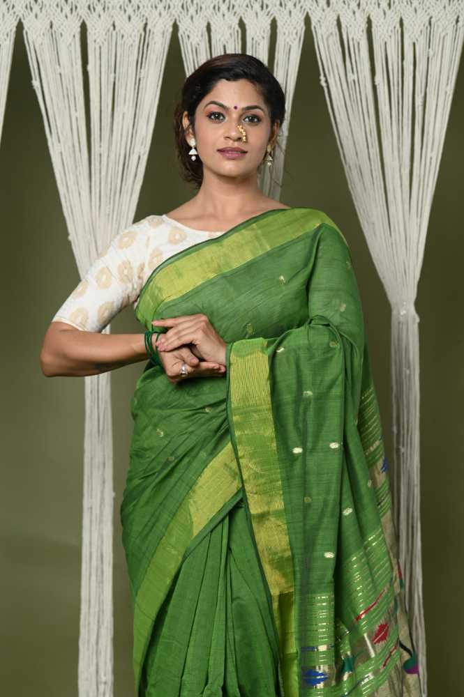 Green Pure Cotton Paithani Saree With Traditional Pallu