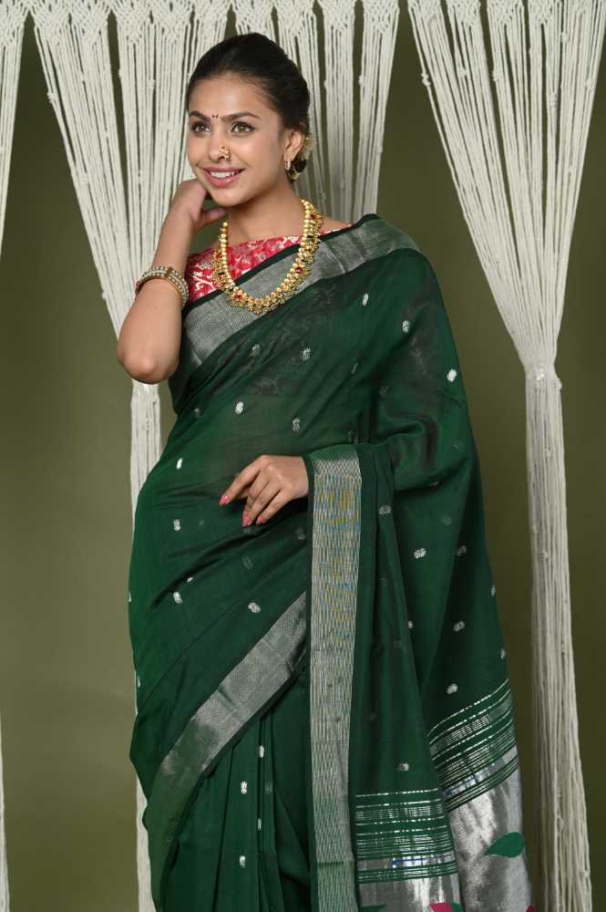 Dark Green Pure Cotton Paithani Saree With Traditional Pallu