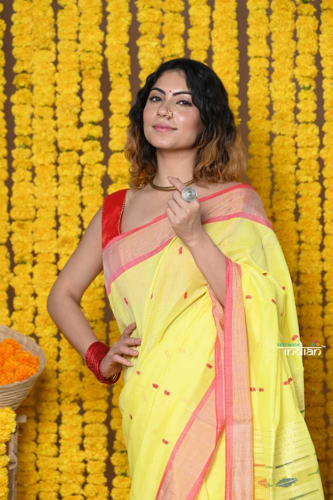 Yellow Pure Cotton Paithani Saree With Traditional Pallu