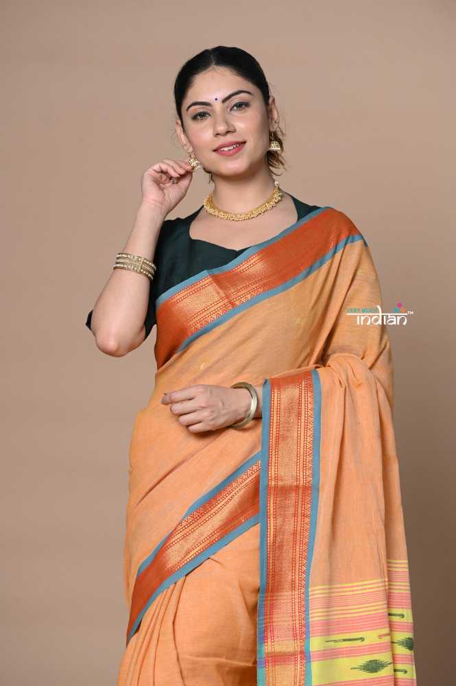 Orange Chiffon Pure Cotton Paithani Saree With Traditional Pallu