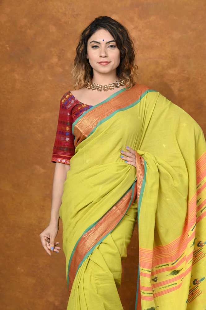 Olive Green Pure Cotton Paithani Saree With Traditional Pallu