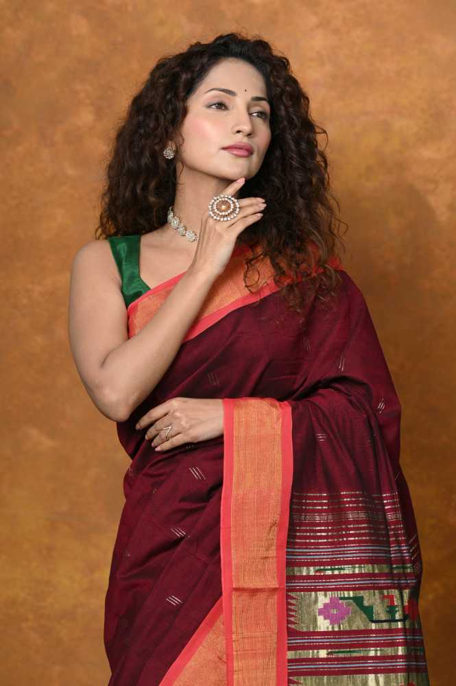 Maroon Cotton Paithani Saree With Traditional Pallu