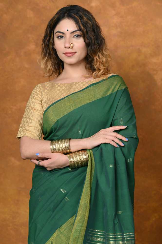 Leaf Green Cotton Paithani Saree With Traditional Pallu