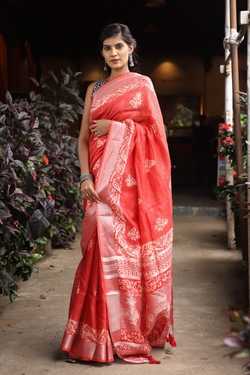 Coral Red Pure Linen With Hand Block Printing And Border