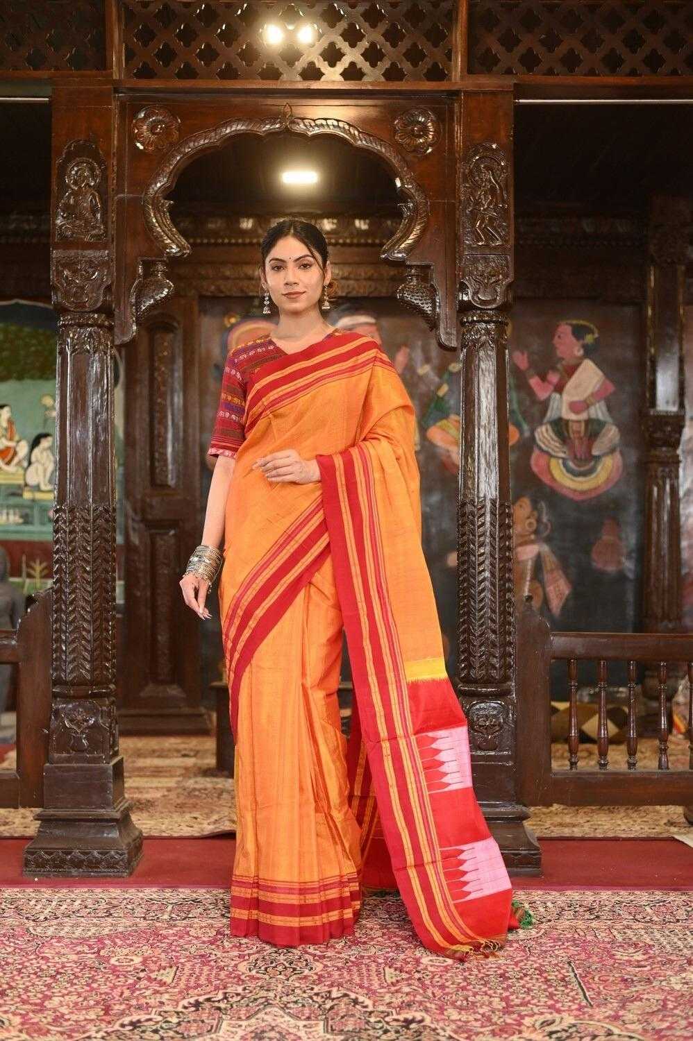 Tangerine Handloom Cotton Silk Ilkal Saree, Resham Pallu