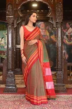 Sienna Brown Handloom Cotton Silk Ilkal Saree, Resham Pallu