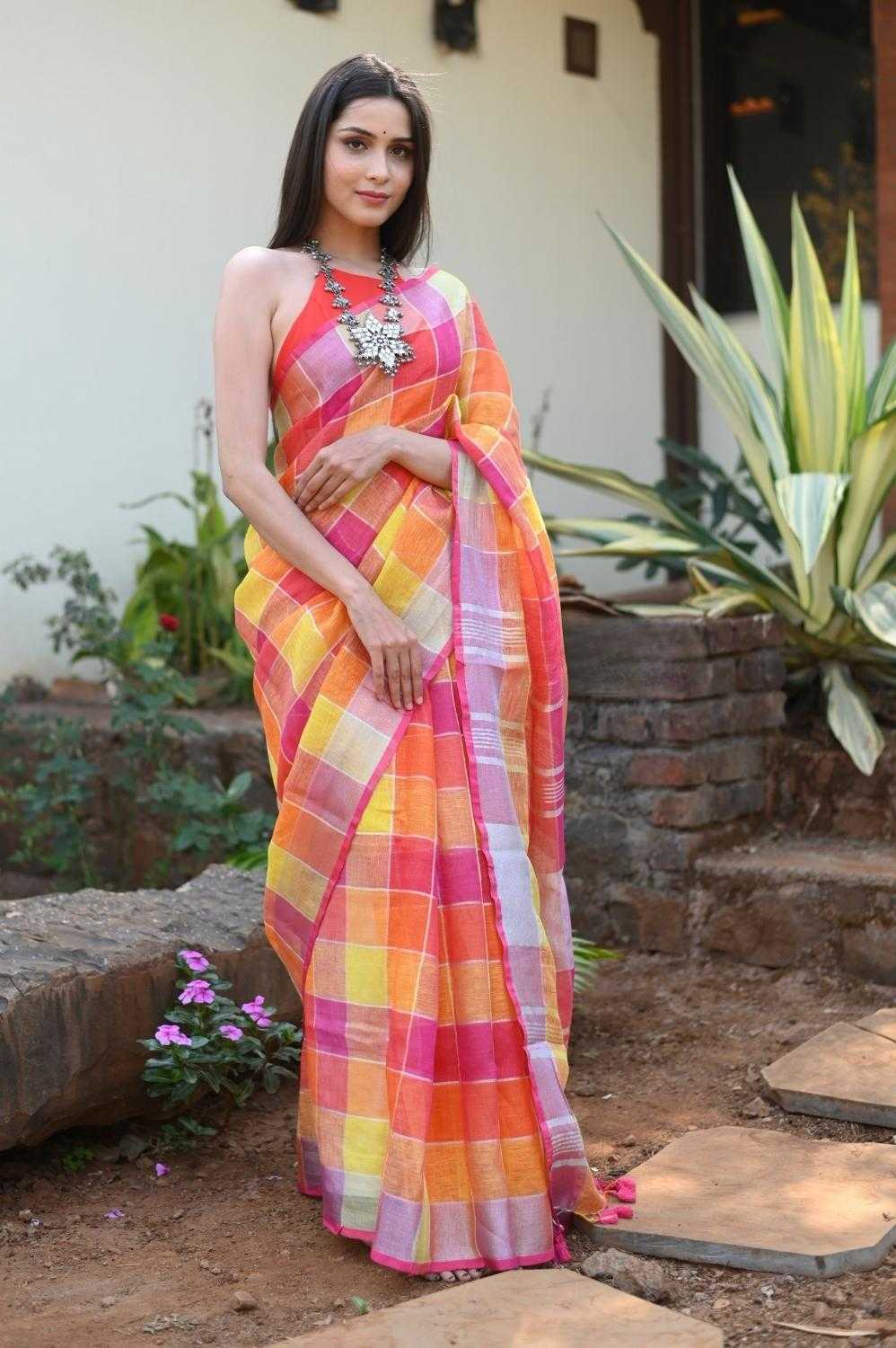 Magenta Pure Linen Saree with Geometric Checks All Over