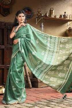 Sage Green Pure Linen With Hand Block Printing And Border